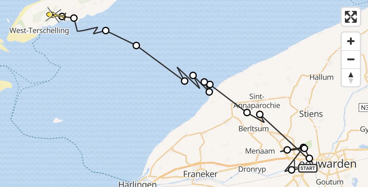 Routekaart van de vlucht: Ambulanceheli naar West-Terschelling