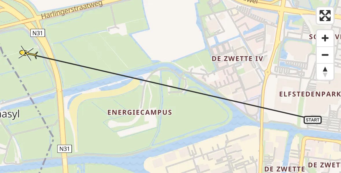 Routekaart van de vlucht: Ambulanceheli naar Leeuwarden