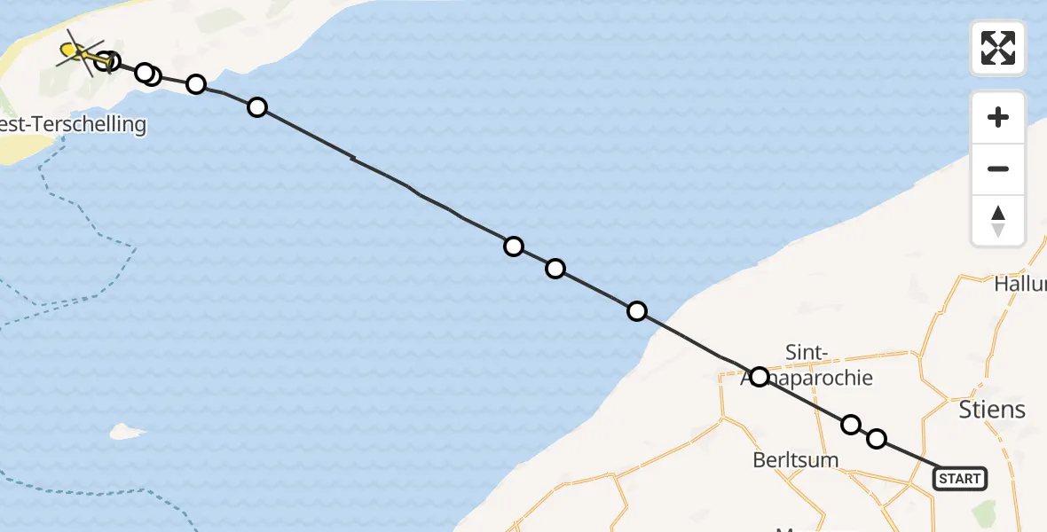 Routekaart van de vlucht: Ambulanceheli naar West-Terschelling