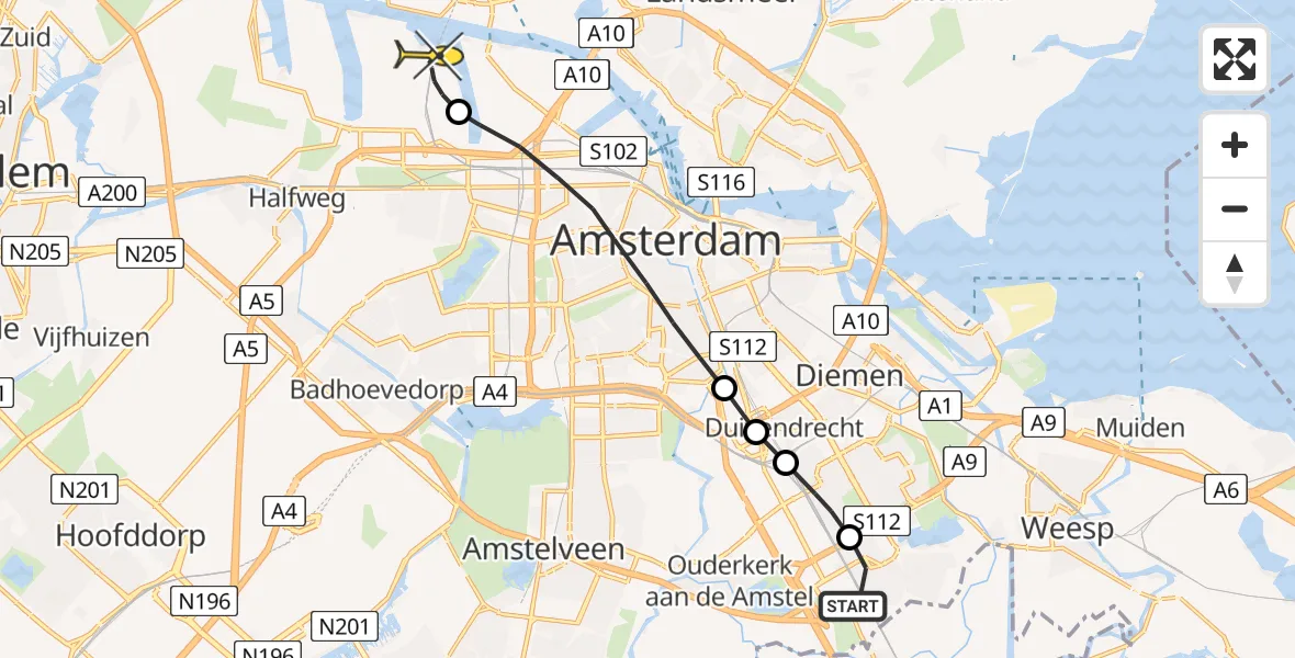 Routekaart van de vlucht: Lifeliner 1 naar Amsterdam Heliport