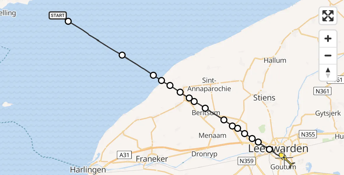 Routekaart van de vlucht: Ambulanceheli naar Leeuwarden