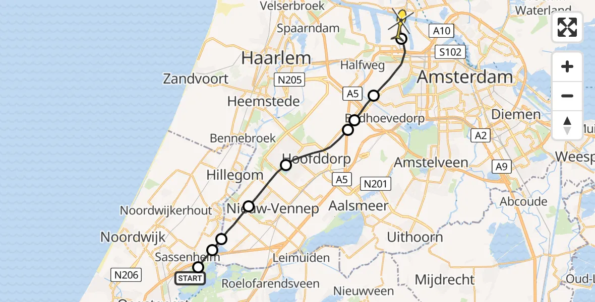 Routekaart van de vlucht: Lifeliner 1 naar Amsterdam Heliport