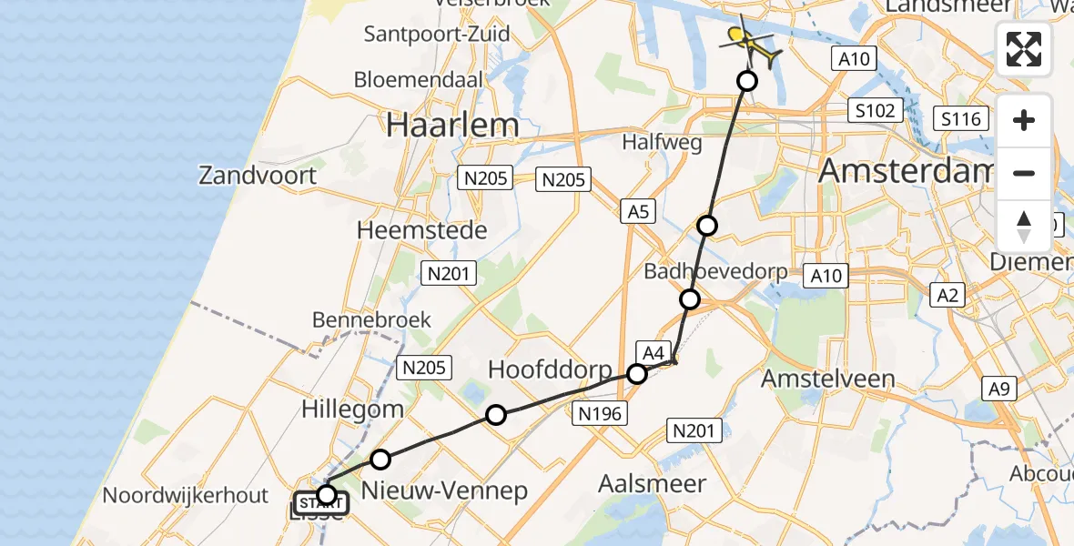 Routekaart van de vlucht: Lifeliner 1 naar Amsterdam Heliport