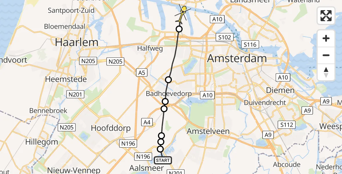 Routekaart van de vlucht: Lifeliner 1 naar Amsterdam Heliport