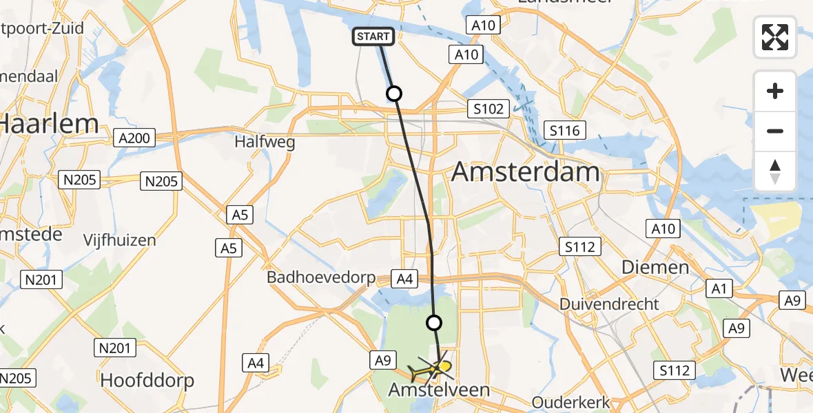 Routekaart van de vlucht: Lifeliner 1 naar Amstelveen