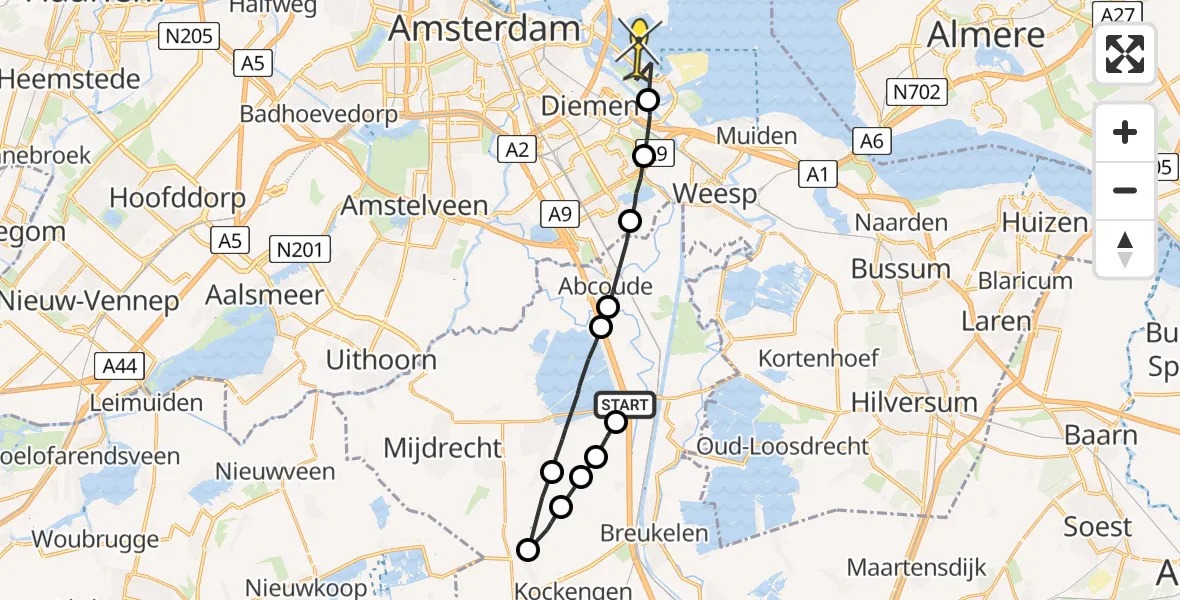 Routekaart van de vlucht: Politieheli naar Amsterdam