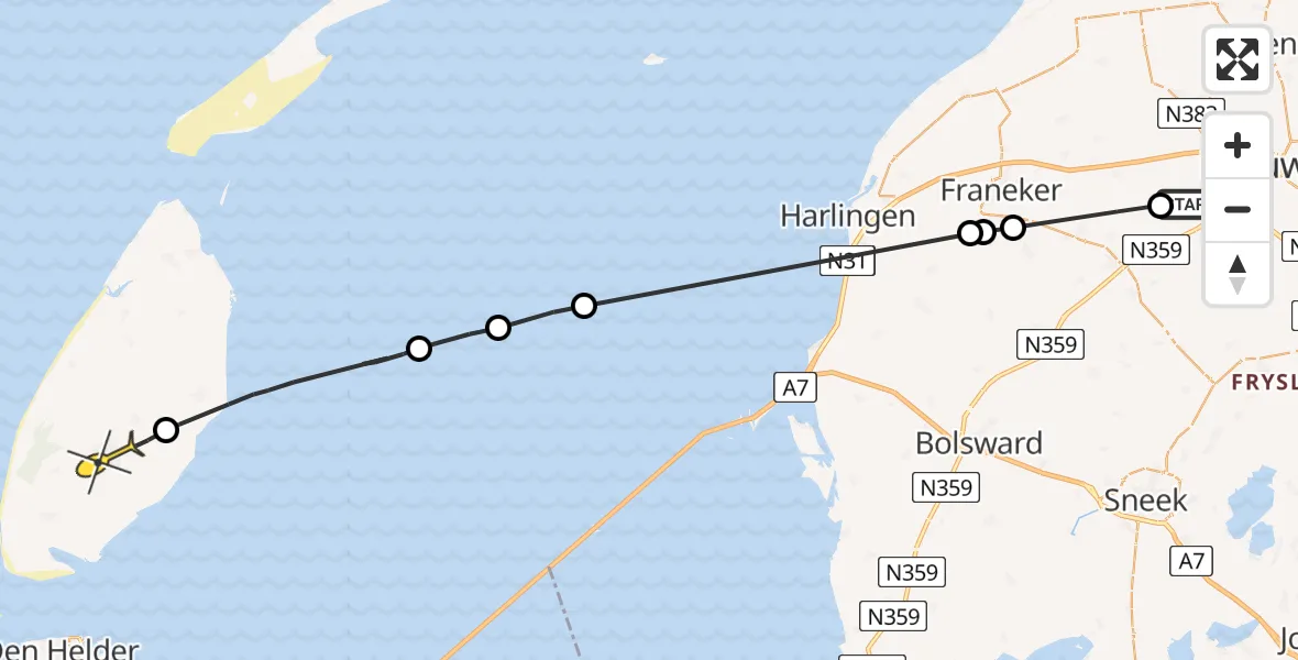 Routekaart van de vlucht: Ambulanceheli naar Den Burg