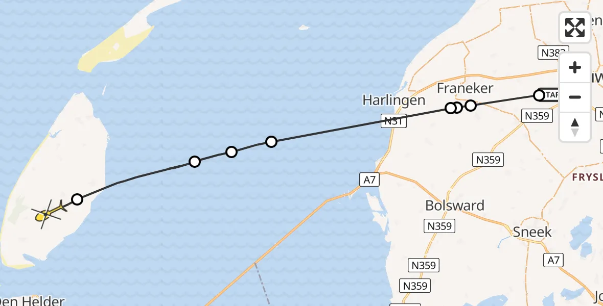 Routekaart van de vlucht: Ambulancehelikopter naar Den Burg