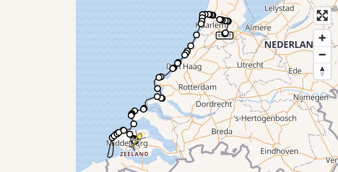 Routekaart van de vlucht: Politieheli naar Vliegveld Midden-Zeeland