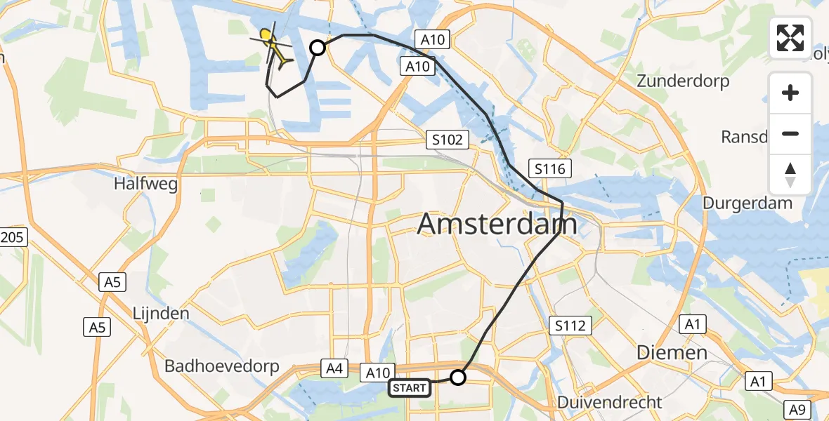 Routekaart van de vlucht: Lifeliner 1 naar Amsterdam Heliport