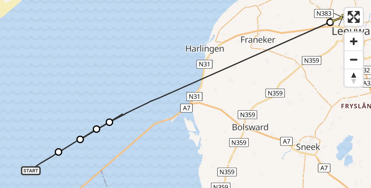 Routekaart van de vlucht: Ambulanceheli naar Leeuwarden