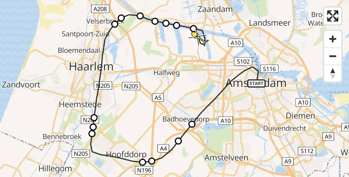 Routekaart van de vlucht: Lifeliner 1 naar Amsterdam Heliport