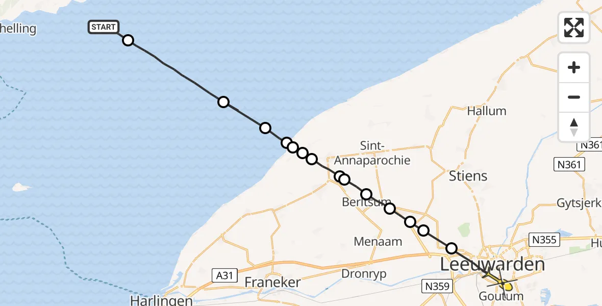 Routekaart van de vlucht: Ambulanceheli naar Leeuwarden
