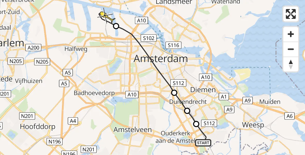 Routekaart van de vlucht: Lifeliner 1 naar Amsterdam Heliport