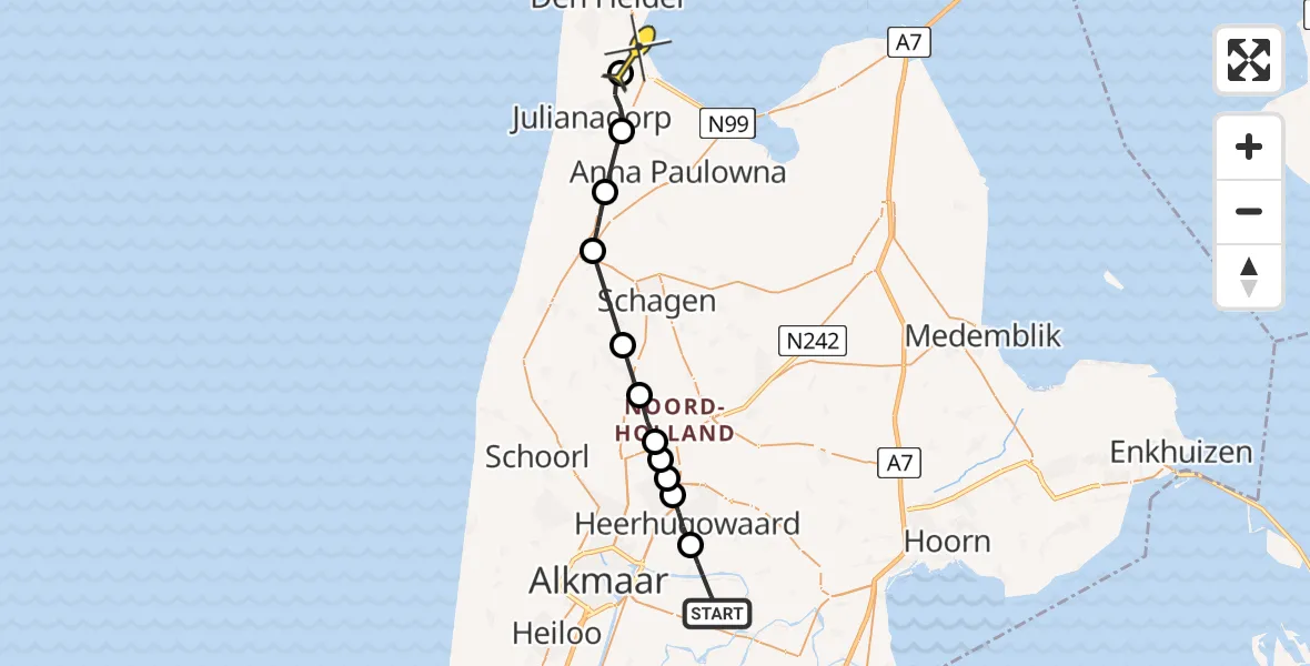 Routekaart van de vlucht: Politiehelikopter naar Vliegveld De Kooy