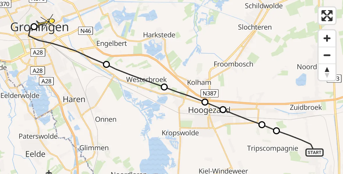 Routekaart van de vlucht: Lifeliner 4 naar Universitair Medisch Centrum Groningen