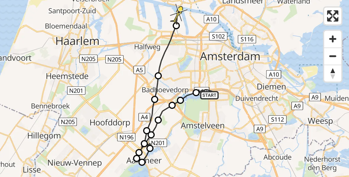 Routekaart van de vlucht: Lifeliner 1 naar Amsterdam Heliport