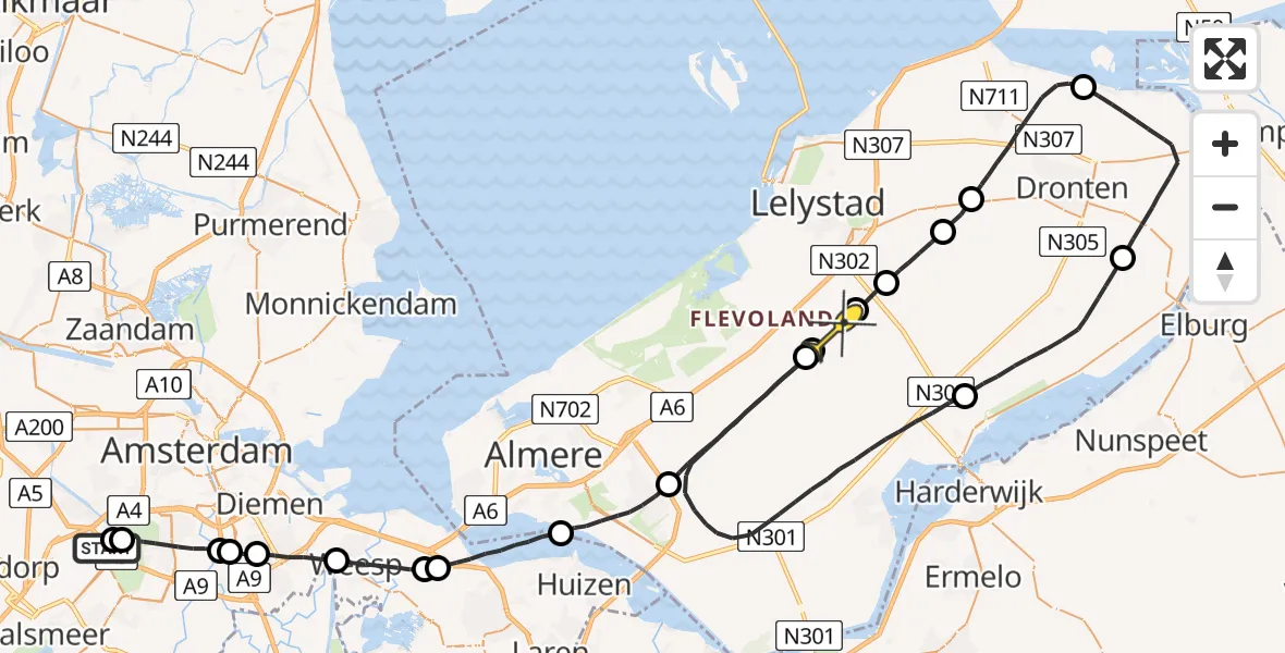 Routekaart van de vlucht: Politieheli naar Lelystad