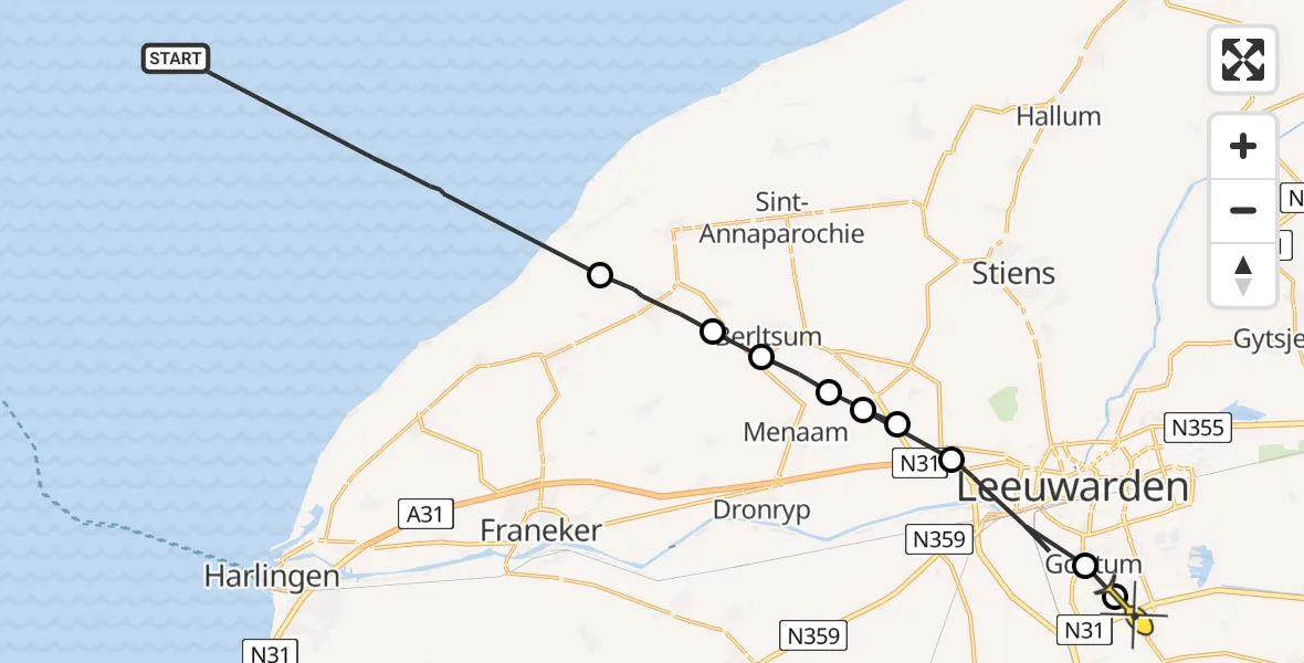 Routekaart van de vlucht: Ambulanceheli naar Leeuwarden