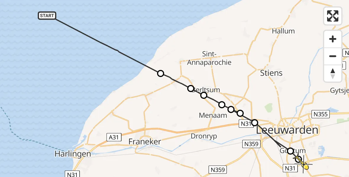Routekaart van de vlucht: Ambulancehelikopter naar Leeuwarden