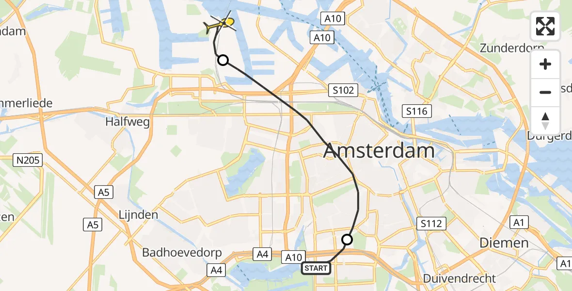 Routekaart van de vlucht: Lifeliner 1 naar Amsterdam Heliport