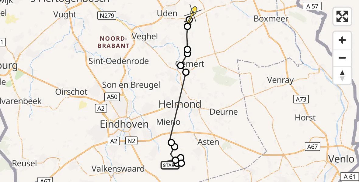 Routekaart van de vlucht: Politieheli naar Vliegbasis Volkel