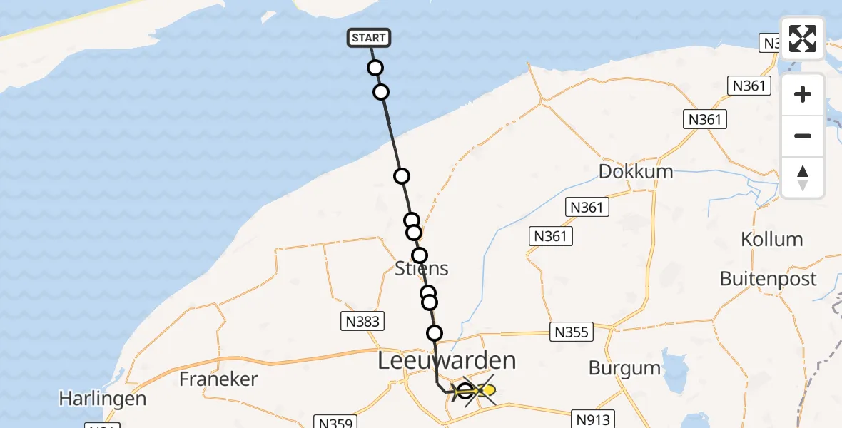 Routekaart van de vlucht: Ambulanceheli naar Leeuwarden