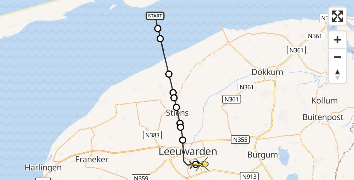 Routekaart van de vlucht: Ambulancehelikopter naar Leeuwarden