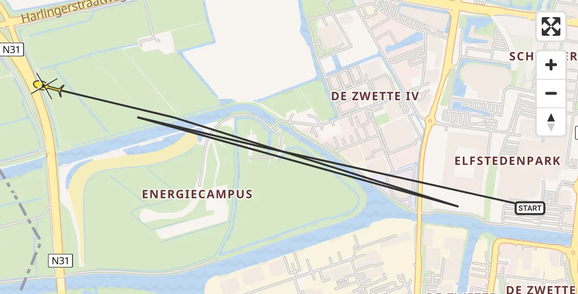 Vluchtroute Ambulancehelikopter van Leeuwarden naar Leeuwarden