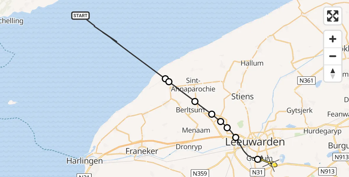 Routekaart van de vlucht: Ambulanceheli naar Leeuwarden