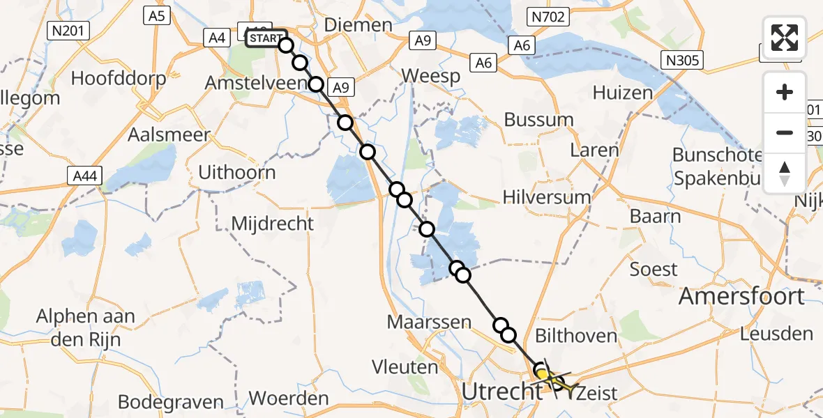 Routekaart van de vlucht: Lifeliner 1 naar De Bilt