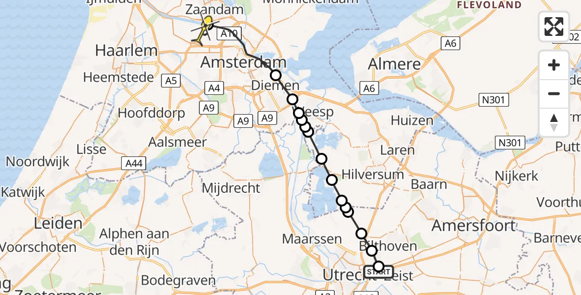 Routekaart van de vlucht: Lifeliner 1 naar Amsterdam Heliport