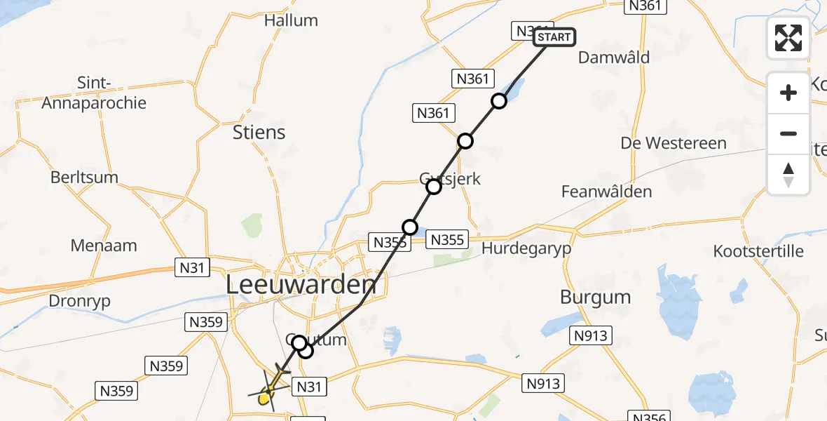Routekaart van de vlucht: Ambulanceheli naar Wirdum