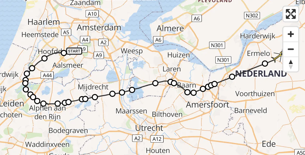 Routekaart van de vlucht: Politieheli naar Ermelo