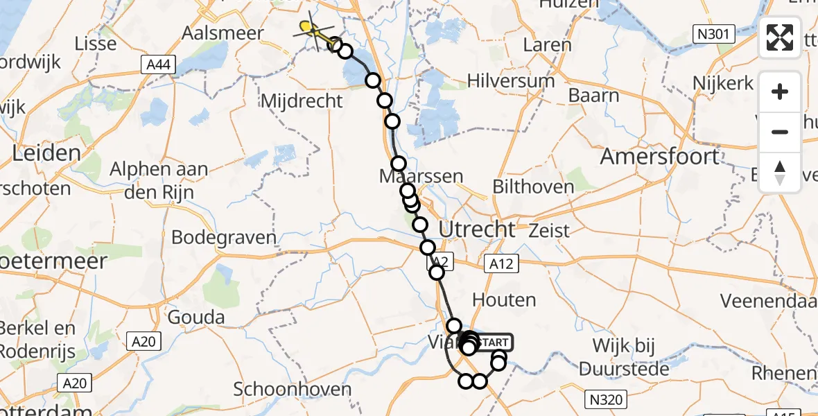 Routekaart van de vlucht: Politiehelikopter naar Ouderkerk aan de Amstel