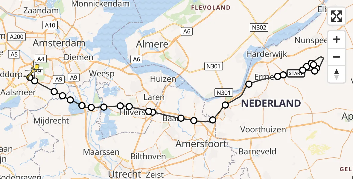 Routekaart van de vlucht: Politieheli naar Schiphol