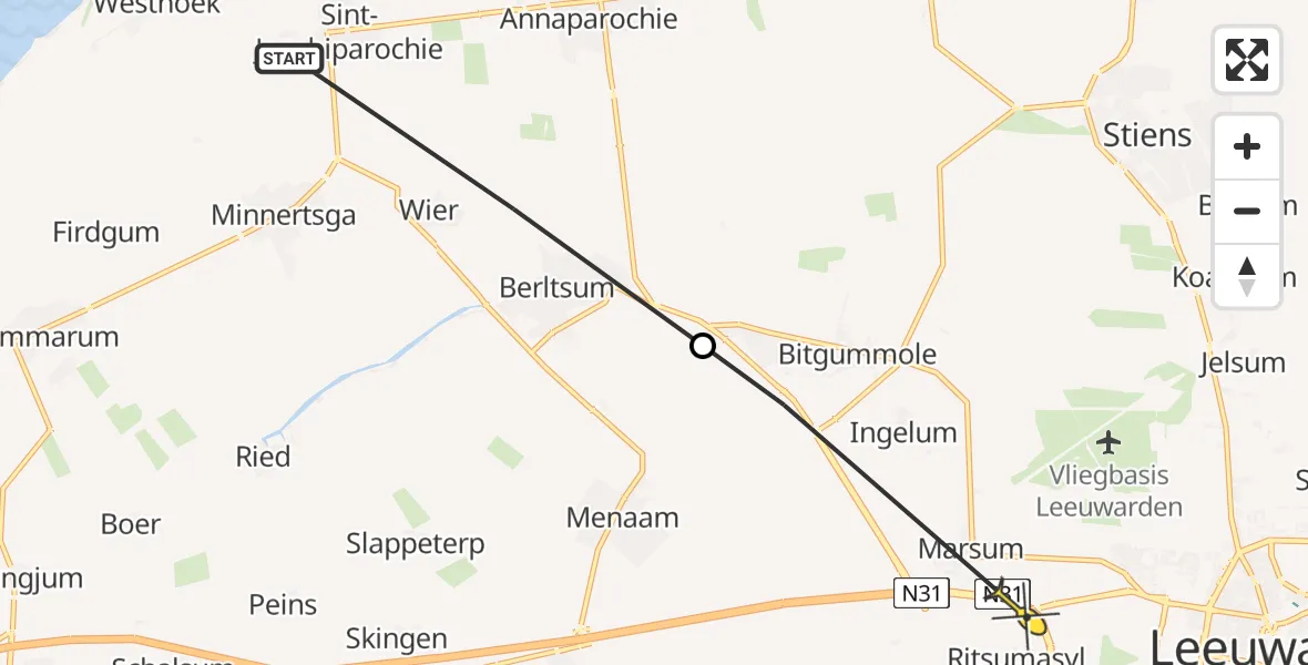 Routekaart van de vlucht: Ambulancehelikopter naar Leeuwarden