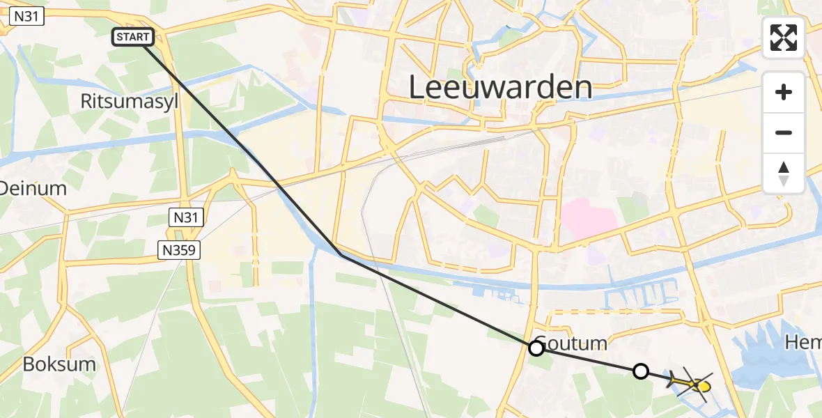 Vluchtroute Ambulancehelikopter van Leeuwarden naar Leeuwarden