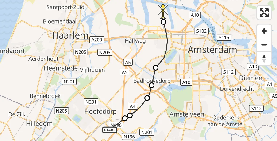 Routekaart van de vlucht: Lifeliner 1 naar Amsterdam Heliport