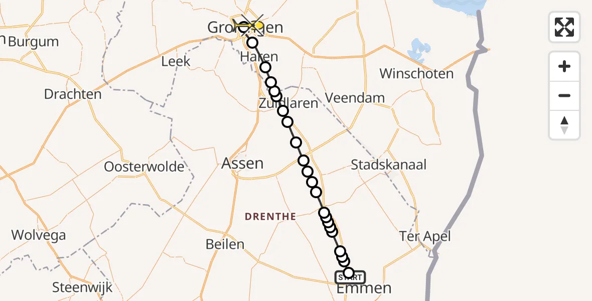 Routekaart van de vlucht: Lifeliner 4 naar Universitair Medisch Centrum Groningen