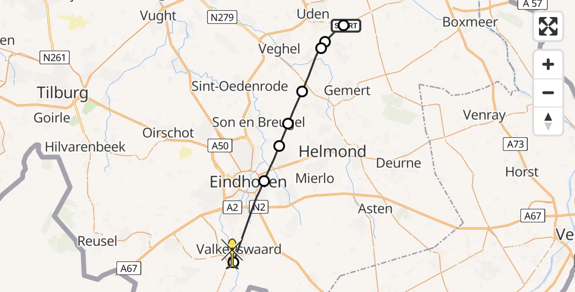 Routekaart van de vlucht: Politiehelikopter naar Valkenswaard