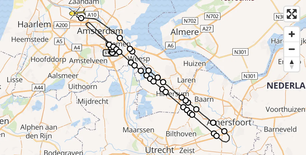 Routekaart van de vlucht: Lifeliner 1 naar Amsterdam Heliport