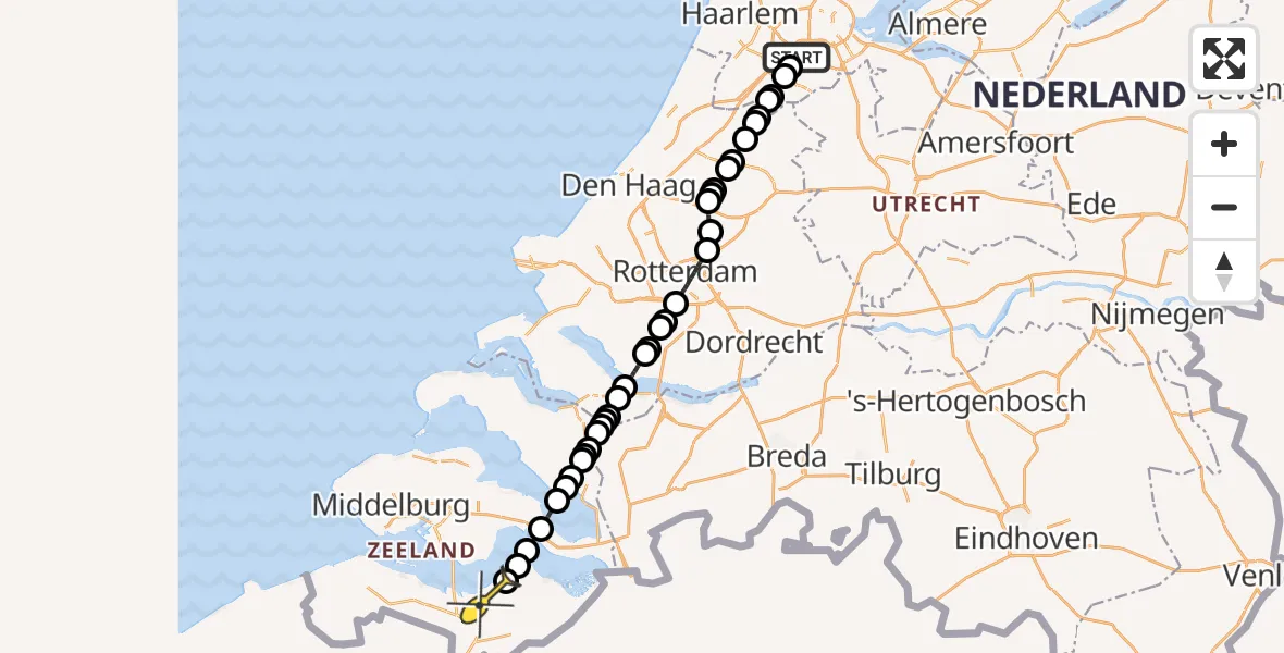 Routekaart van de vlucht: Politiehelikopter naar Terneuzen