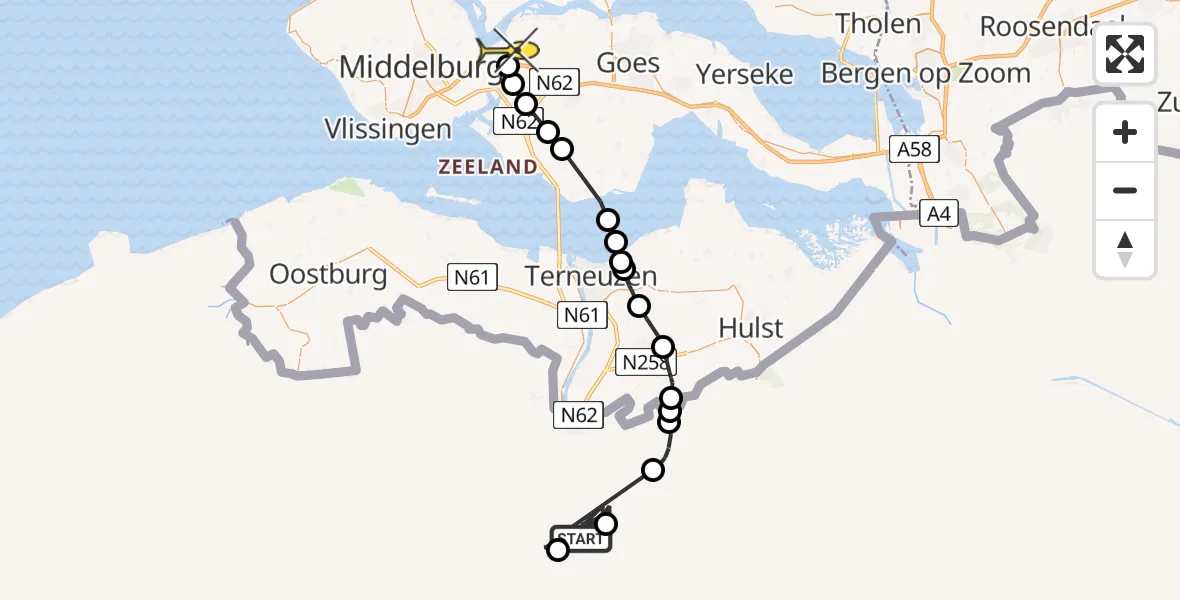 Routekaart van de vlucht: Politieheli naar Vliegveld Midden-Zeeland