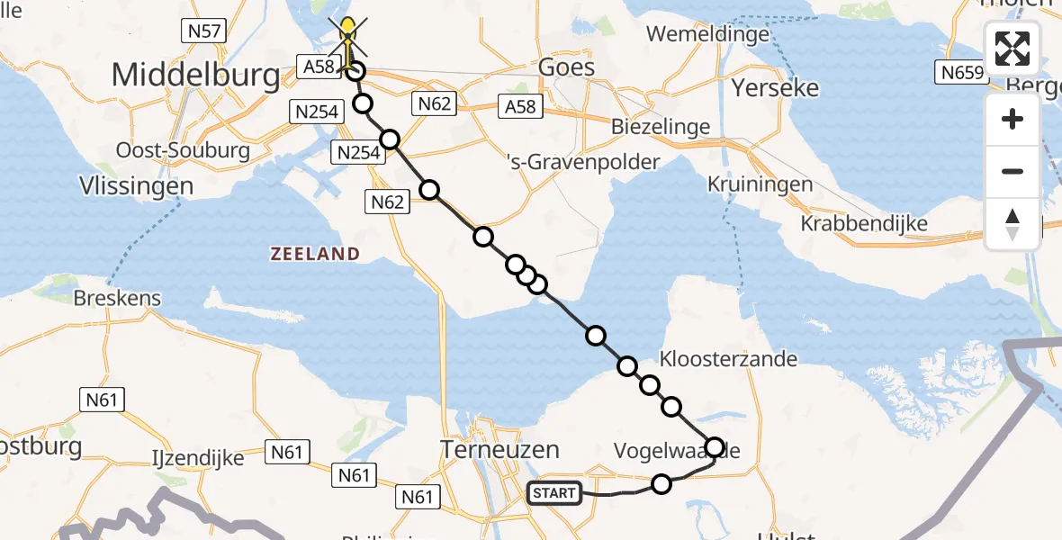 Routekaart van de vlucht: Politieheli naar Vliegveld Midden-Zeeland