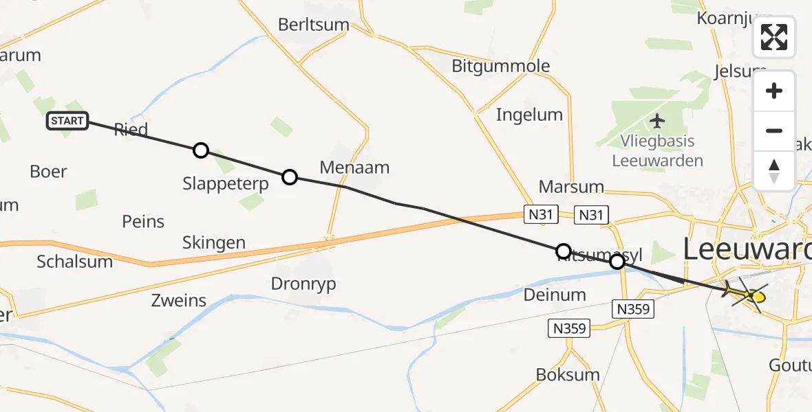 Routekaart van de vlucht: Ambulancehelikopter naar Leeuwarden