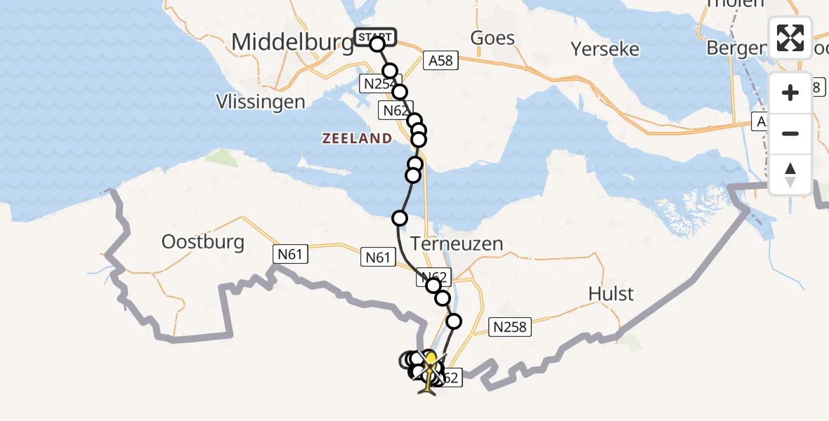Routekaart van de vlucht: Politiehelikopter naar Sas van Gent