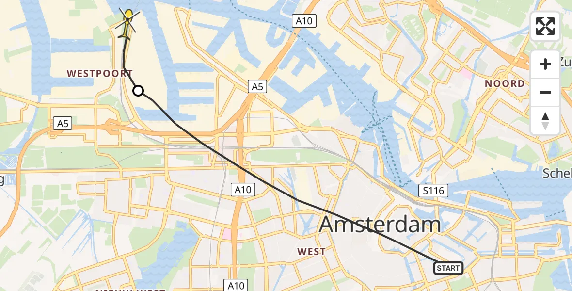 Routekaart van de vlucht: Lifeliner 1 naar Amsterdam Heliport