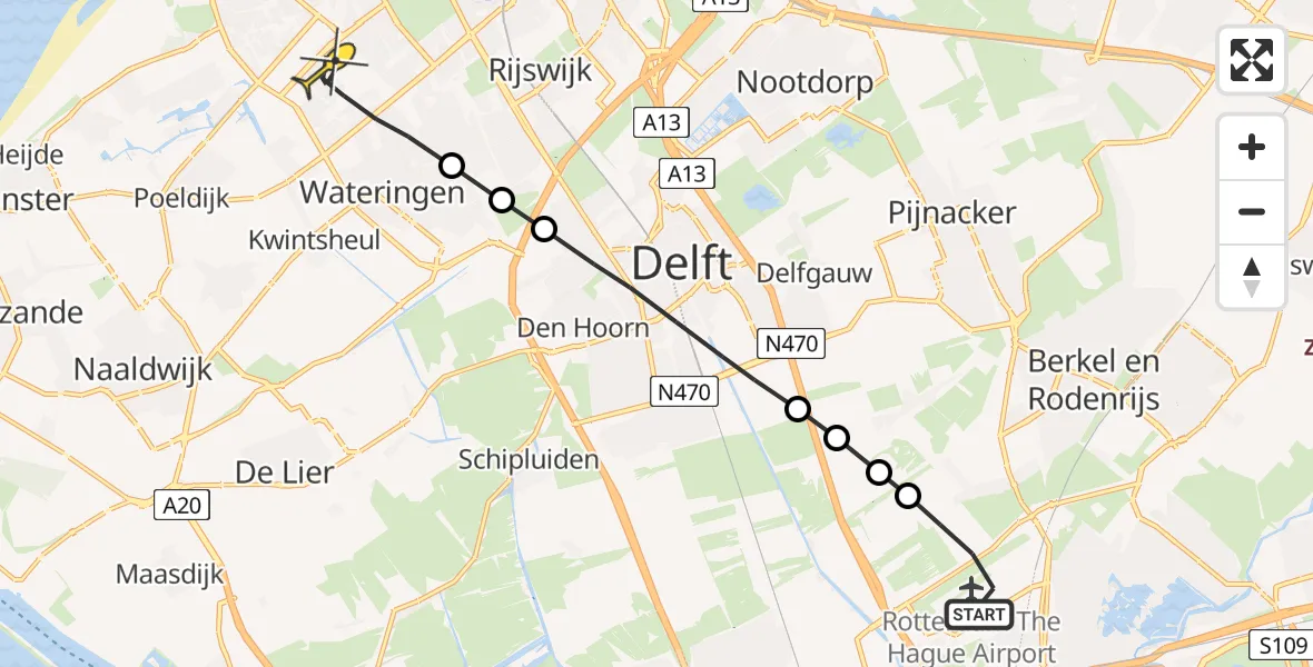 Routekaart van de vlucht: Lifeliner 2 naar Den Haag