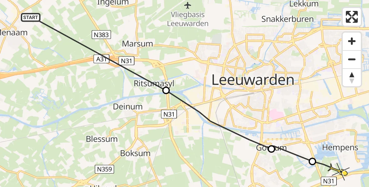 Routekaart van de vlucht: Ambulancehelikopter naar Leeuwarden
